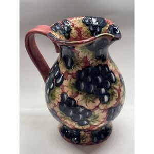 Vintage Ceramic Pitcher Vase Hand Painted Floral Grapes, Signed  7 .5 in. Italy